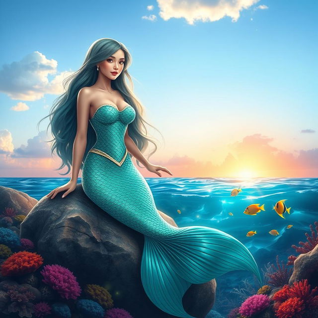 A stunning mermaid with long flowing hair, shimmering scales in shades of turquoise and emerald, sitting gracefully on a rock by the ocean