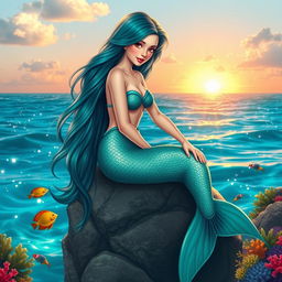 A stunning mermaid with long flowing hair, shimmering scales in shades of turquoise and emerald, sitting gracefully on a rock by the ocean