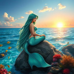 A stunning mermaid with long flowing hair, shimmering scales in shades of turquoise and emerald, sitting gracefully on a rock by the ocean