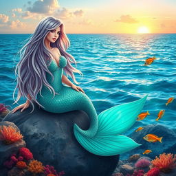 A stunning mermaid with long flowing hair, shimmering scales in shades of turquoise and emerald, sitting gracefully on a rock by the ocean