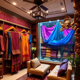 A luxurious store interior for 'Maharani', specializing in traditional kurthas and sarees