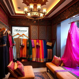 A luxurious store interior for 'Maharani', specializing in traditional kurthas and sarees