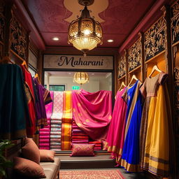 A luxurious store interior for 'Maharani', specializing in traditional kurthas and sarees