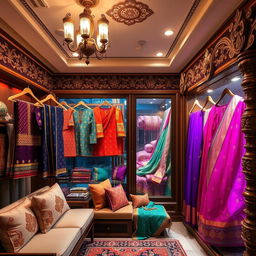 A luxurious store interior for 'Maharani', specializing in traditional kurthas and sarees