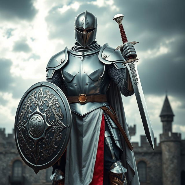 A modern knight standing confidently in a dynamic pose, wearing a sleek metal armor that combines traditional and contemporary designs