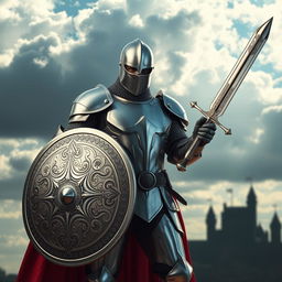 A modern knight standing confidently in a dynamic pose, wearing a sleek metal armor that combines traditional and contemporary designs