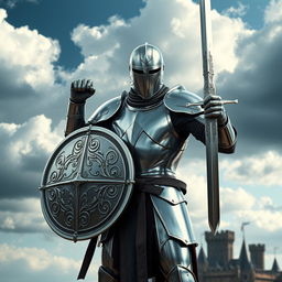 A modern knight standing confidently in a dynamic pose, wearing a sleek metal armor that combines traditional and contemporary designs