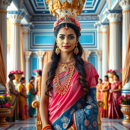 A high-resolution medium shot framed waist up of a very beautiful Indian queen