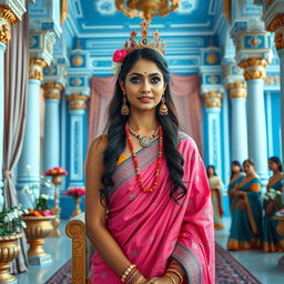 A high-resolution medium shot framed waist up of a very beautiful Indian queen