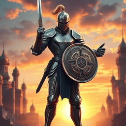 A modern knight depicted in a bold and dynamic stance, dressed in a sleek, high-tech armor that fuses classic knightly features with futuristic design elements