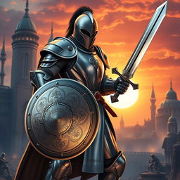 A modern knight depicted in a bold and dynamic stance, dressed in a sleek, high-tech armor that fuses classic knightly features with futuristic design elements