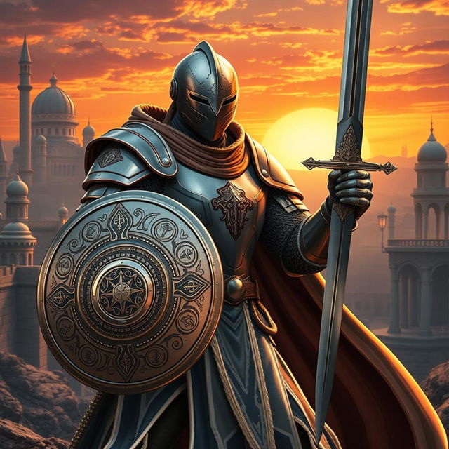 A modern knight depicted in a bold and dynamic stance, dressed in a sleek, high-tech armor that fuses classic knightly features with futuristic design elements