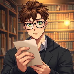 A handsome man who embodies the characteristics of a bookworm, with good facial features and realistic details like individual strands of brown hair and striking green eyes behind stylish glasses