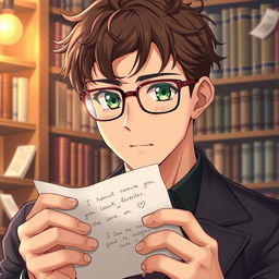 A handsome man who embodies the characteristics of a bookworm, with good facial features and realistic details like individual strands of brown hair and striking green eyes behind stylish glasses
