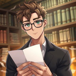 A handsome man who embodies the characteristics of a bookworm, with good facial features and realistic details like individual strands of brown hair and striking green eyes behind stylish glasses