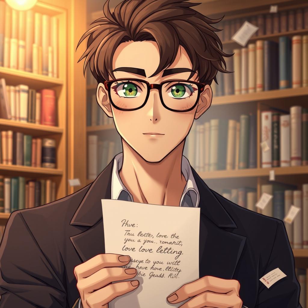 A handsome man who embodies the characteristics of a bookworm, with good facial features and realistic details like individual strands of brown hair and striking green eyes behind stylish glasses