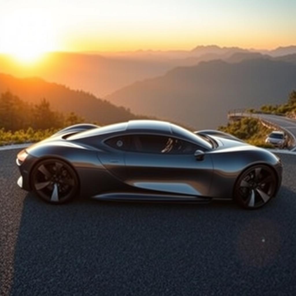 A sleek, futuristic car with a glossy finish, parked on a winding mountain road surrounded by lush green trees and distant mountains