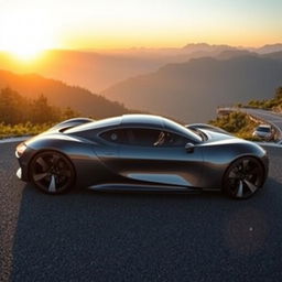 A sleek, futuristic car with a glossy finish, parked on a winding mountain road surrounded by lush green trees and distant mountains