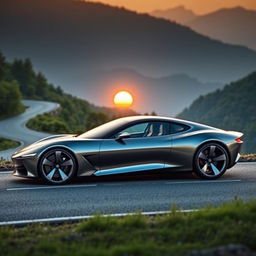 A sleek, futuristic car with a glossy finish, parked on a winding mountain road surrounded by lush green trees and distant mountains