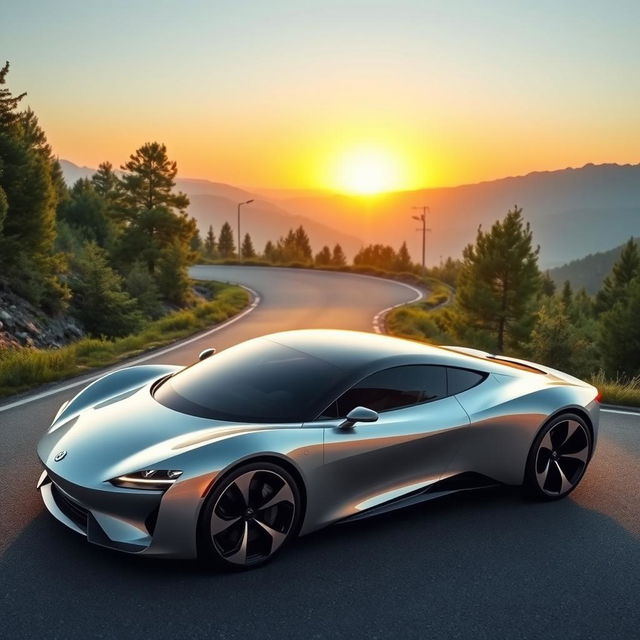 A sleek, futuristic car with a glossy finish, parked on a winding mountain road surrounded by lush green trees and distant mountains