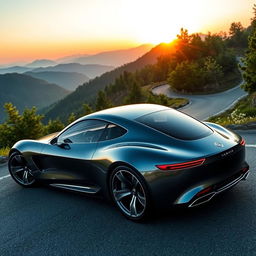 A sleek, futuristic car with a glossy finish, parked on a winding mountain road surrounded by lush green trees and distant mountains