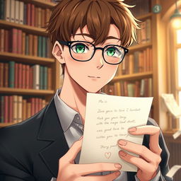 A handsome man who embodies the characteristics of a bookworm, with good facial features and realistic details such as individual strands of brown hair and striking green eyes behind stylish glasses