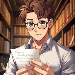 A handsome man who embodies the characteristics of a bookworm, with good facial features and realistic details such as individual strands of brown hair and striking green eyes behind stylish glasses