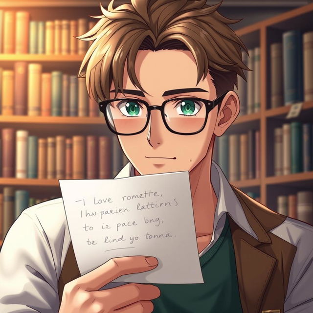 A handsome man who embodies the characteristics of a bookworm, with good facial features and realistic details such as individual strands of brown hair and striking green eyes behind stylish glasses