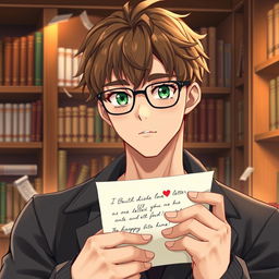 A handsome man who embodies the characteristics of a bookworm, with good facial features and realistic details such as individual strands of brown hair and striking green eyes behind stylish glasses
