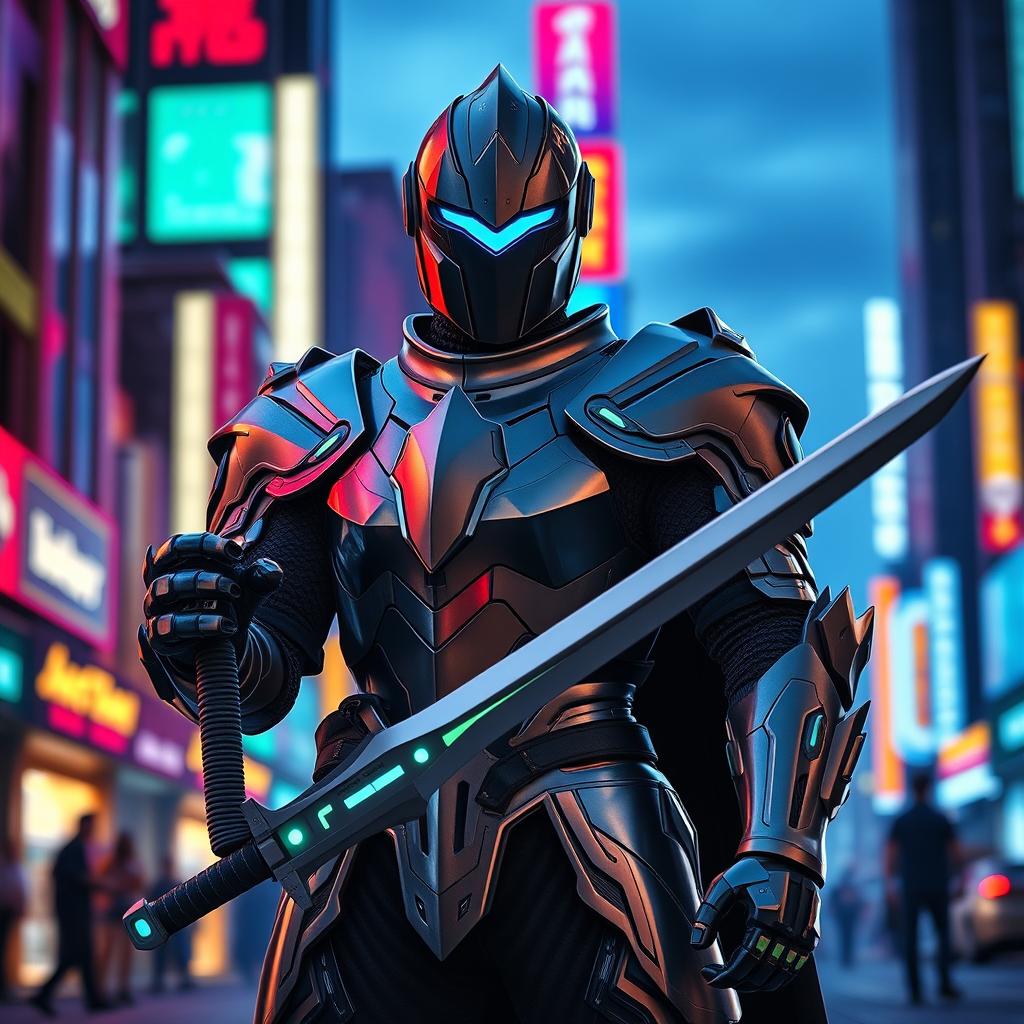 A modern knight in a sleek, futuristic armor, standing proudly with a high-tech sword in hand