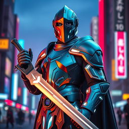 A modern knight in a sleek, futuristic armor, standing proudly with a high-tech sword in hand