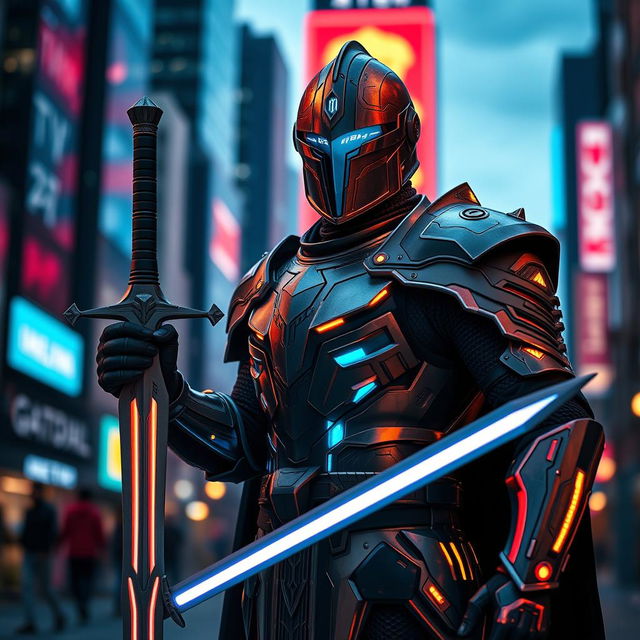 A modern knight in a sleek, futuristic armor, standing proudly with a high-tech sword in hand