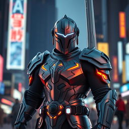 A modern knight in a sleek, futuristic armor, standing proudly with a high-tech sword in hand