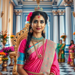A high-resolution medium shot framed from the waist up of a very regal and beautiful Indian queen