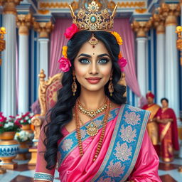 A high-resolution medium shot framed from the waist up of a very regal and beautiful Indian queen