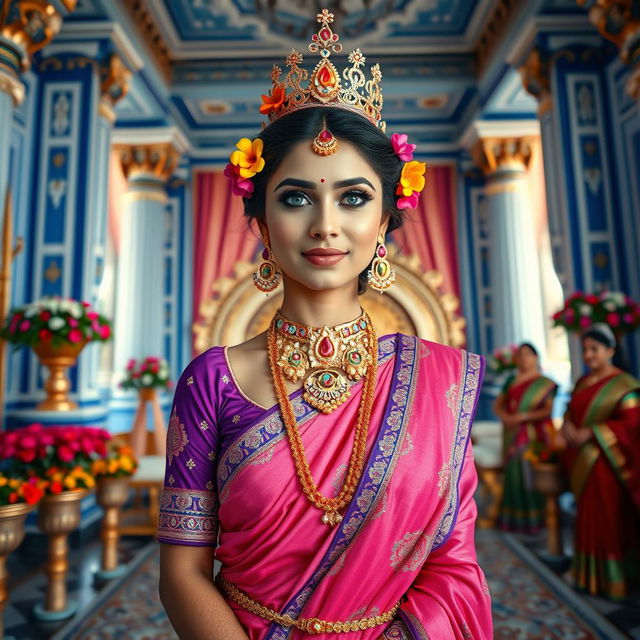 A high-resolution medium shot framed from the waist up of a very regal and beautiful Indian queen