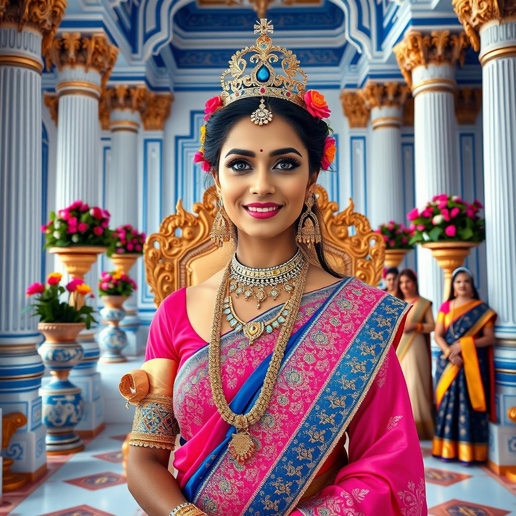 A high-resolution medium shot framed from the waist up of a very regal and beautiful Indian queen