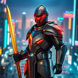 A modern knight in an advanced, high-tech armor, standing confidently with a gleaming sword