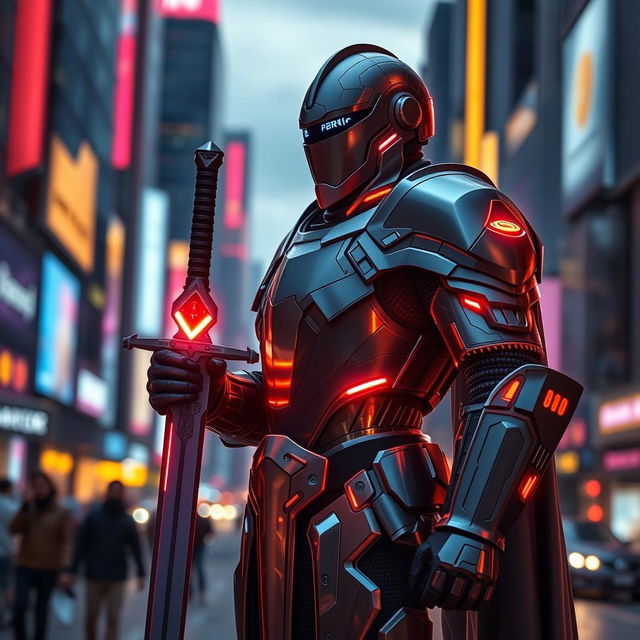 A modern knight in an advanced, high-tech armor, standing confidently with a gleaming sword