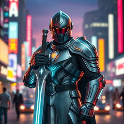 A modern knight in an advanced, high-tech armor, standing confidently with a gleaming sword