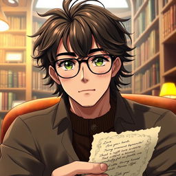 A handsome man who embodies the characteristics of a bookworm, displaying good facial features with realistic details such as individual strands of dark brown hair and captivating green eyes behind stylish glasses