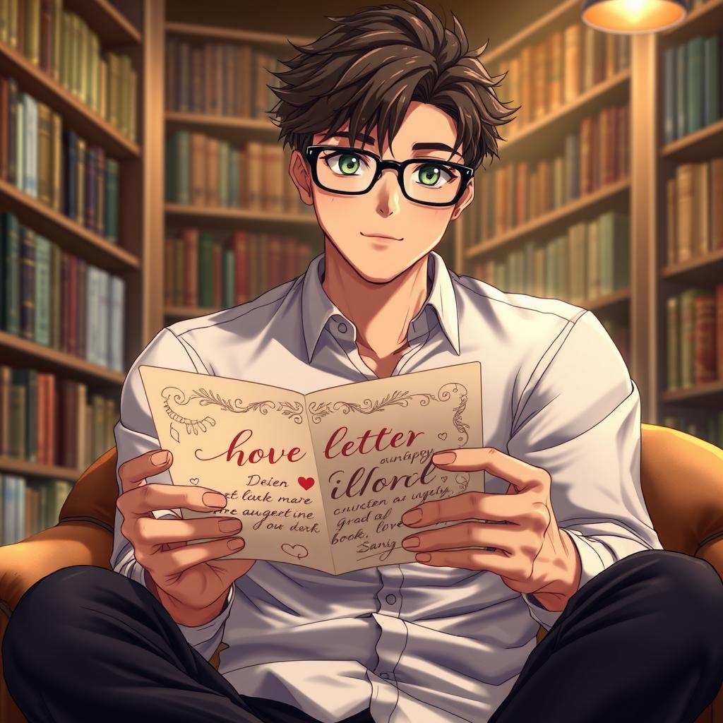 A handsome man who embodies the characteristics of a bookworm, displaying good facial features with realistic details such as individual strands of dark brown hair and captivating green eyes behind stylish glasses