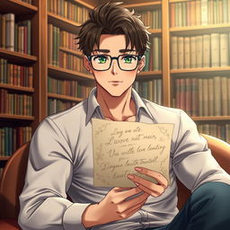 A handsome man who embodies the characteristics of a bookworm, displaying good facial features with realistic details such as individual strands of dark brown hair and captivating green eyes behind stylish glasses