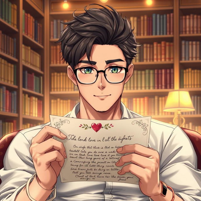 A handsome man who embodies the characteristics of a bookworm, displaying good facial features with realistic details such as individual strands of dark brown hair and captivating green eyes behind stylish glasses