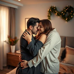 An intimate and passionate scene depicting a romantic couple in an affectionate embrace, focusing on the emotional connection between them