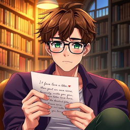 A handsome bookworm man with attractive facial features, featuring realistic details such as tousled brown hair with individual strands, and captivating green eyes framed by stylish glasses