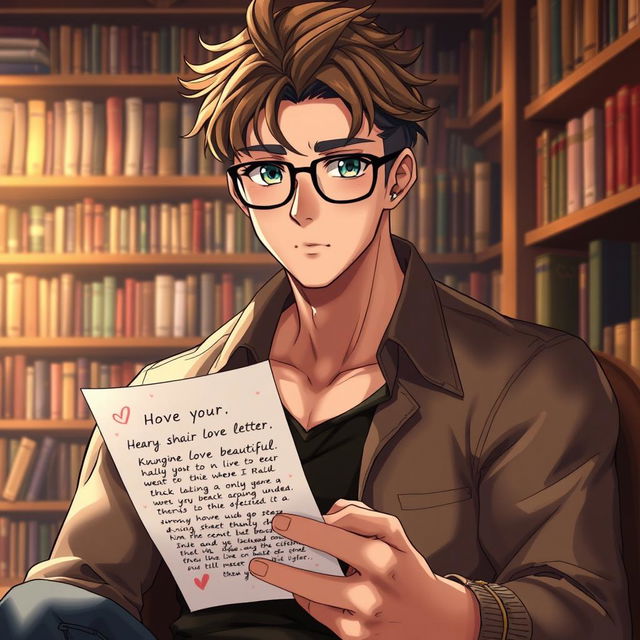 A handsome bookworm man with attractive facial features, featuring realistic details such as tousled brown hair with individual strands, and captivating green eyes framed by stylish glasses