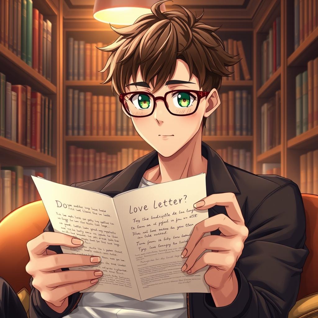 A handsome bookworm man with attractive facial features, featuring realistic details such as tousled brown hair with individual strands, and captivating green eyes framed by stylish glasses