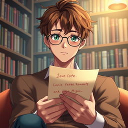 A handsome bookworm man with attractive facial features, featuring realistic details such as tousled brown hair with individual strands, and captivating green eyes framed by stylish glasses