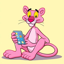 A yellow version of the Pink Panther character, cartoon-style, sitting comfortably while using a modern smartphone